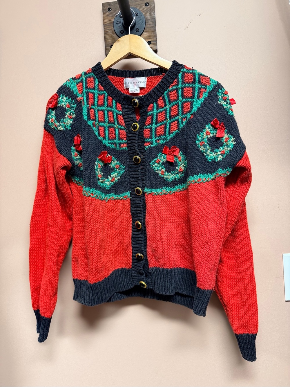 Vintage Women’s Red & Black Holiday Knit Cardigan Sweater